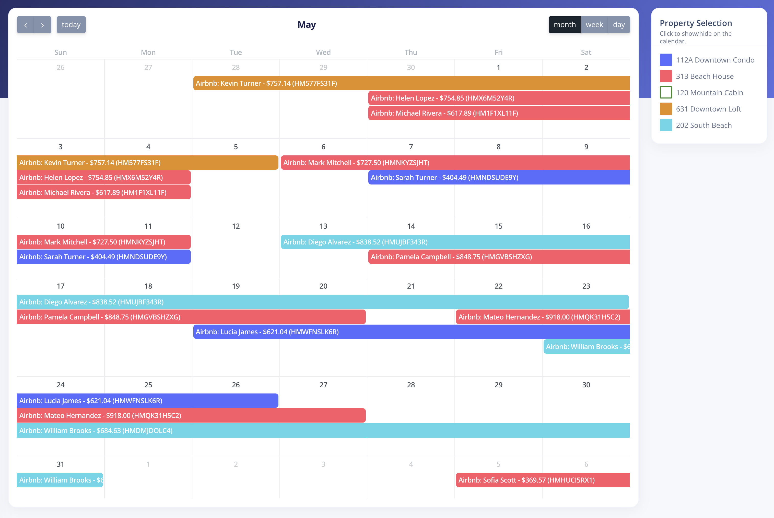 Rental Riches unified calendar showing reservations across platforms